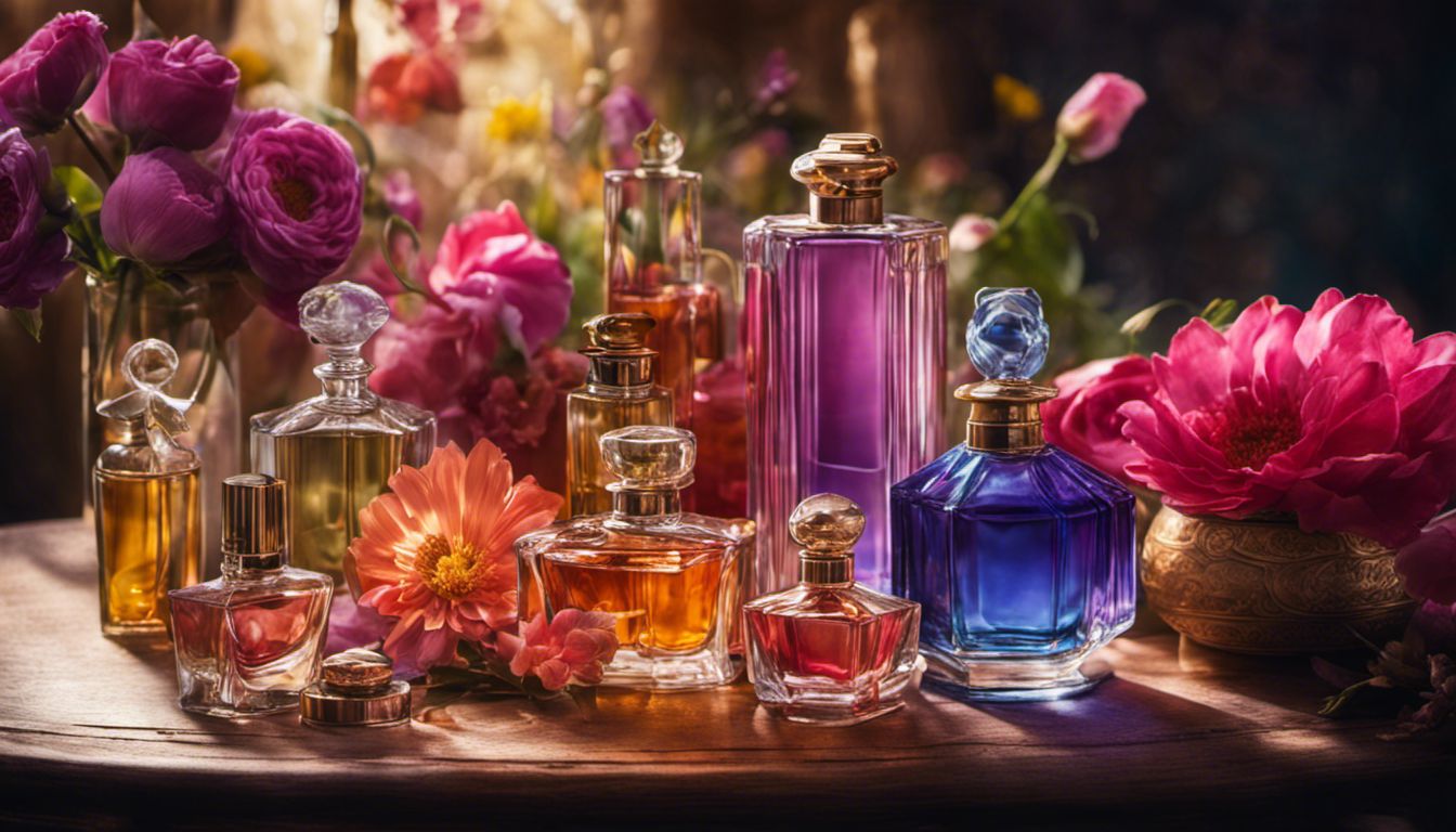 An elegant display of vibrant perfume bottles and flowers on a table.
