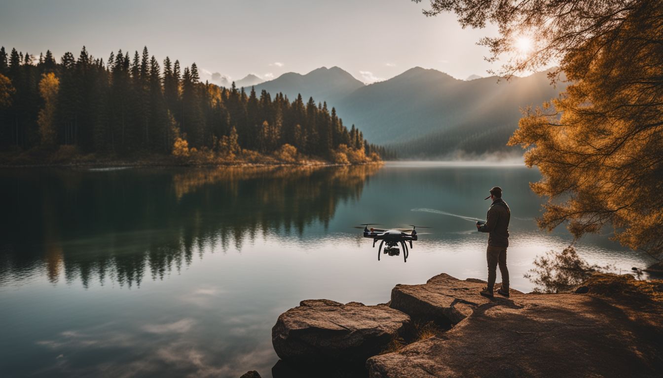 A drone captures a fisherman on a serene lake with different people, outfits, and faces.