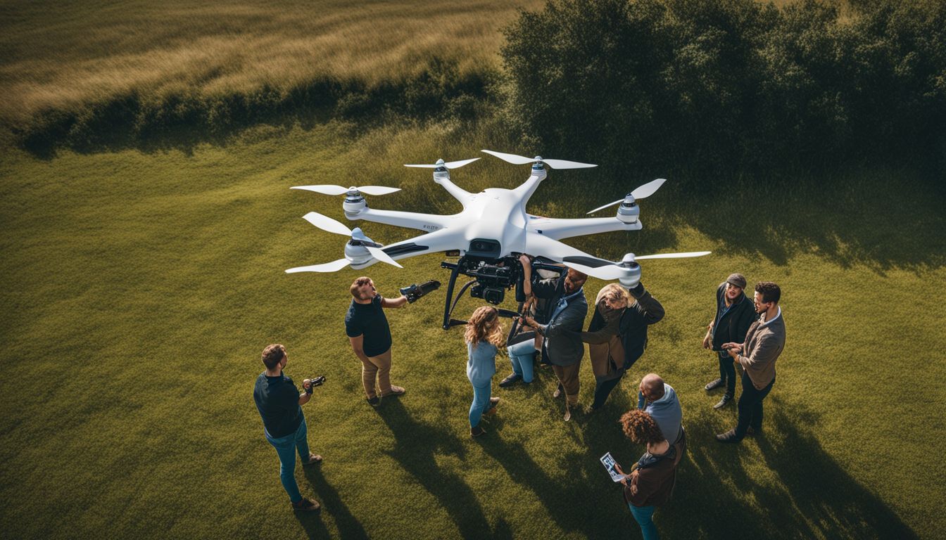 A group of people inspect a crashed drone in a field, documenting the damage and assessing the situation.
