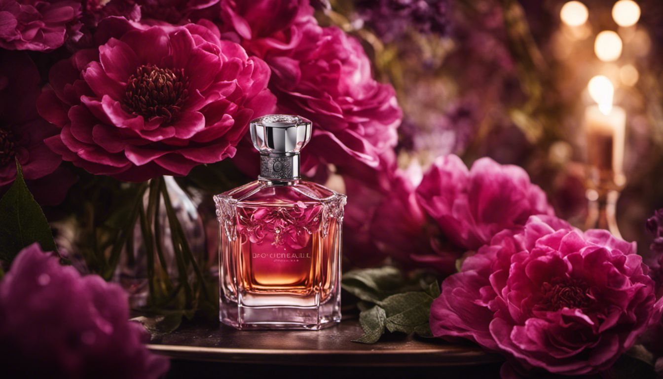 A bouquet of rare, dusky blooms next to a bottle of Crystal Noir Eau de Parfum, captured in a surreal nature photography setting showcasing their mystique and allure.