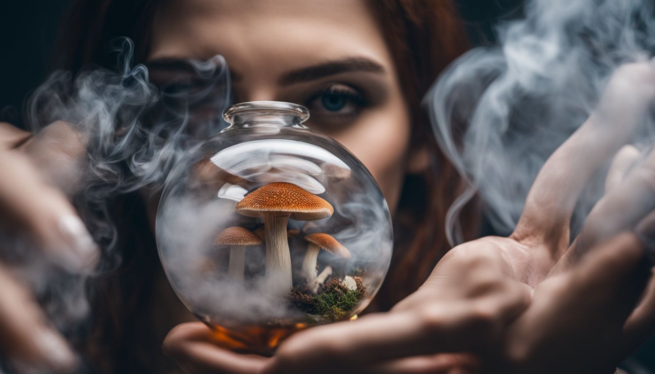 A person blowing smoke into a glass container with magic mushrooms.
