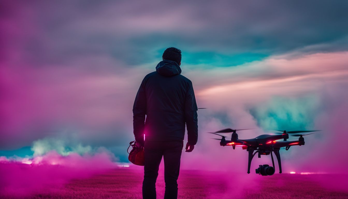 The photo captures a person using a thermal imaging camera to track drone movement and capture aerial photography.