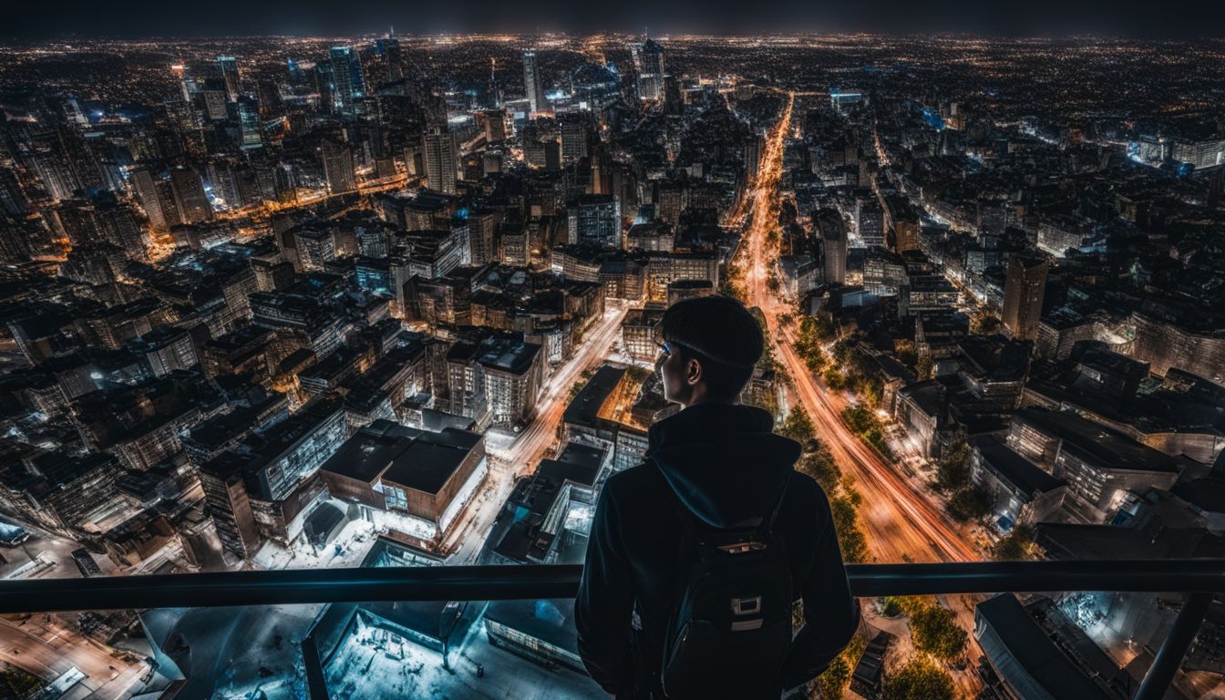 A person stands in a dark urban environment, looking up at a night sky filled with drones.