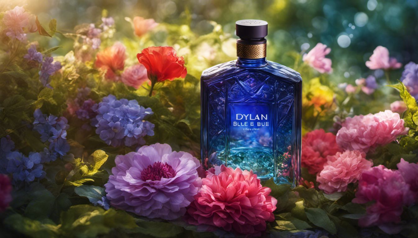 A vibrant, lush garden featuring a bottle of Dylan Blue Pour Femme Eau de Toilette, surrounded by colorful flowers, highlighting its elegant and fresh fragrance.