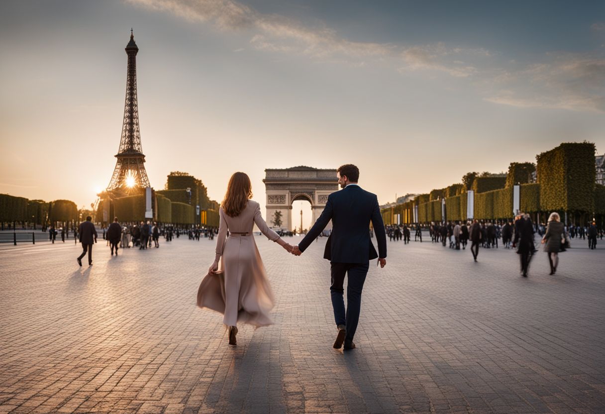 'A sophisticated couple strolls hand in hand on the bustling Champs-Élysées at dusk, capturing the essence of city life.'