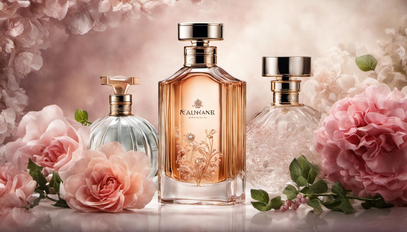 A luxurious and elegant arrangement of designer perfume bottles with floral decorations.