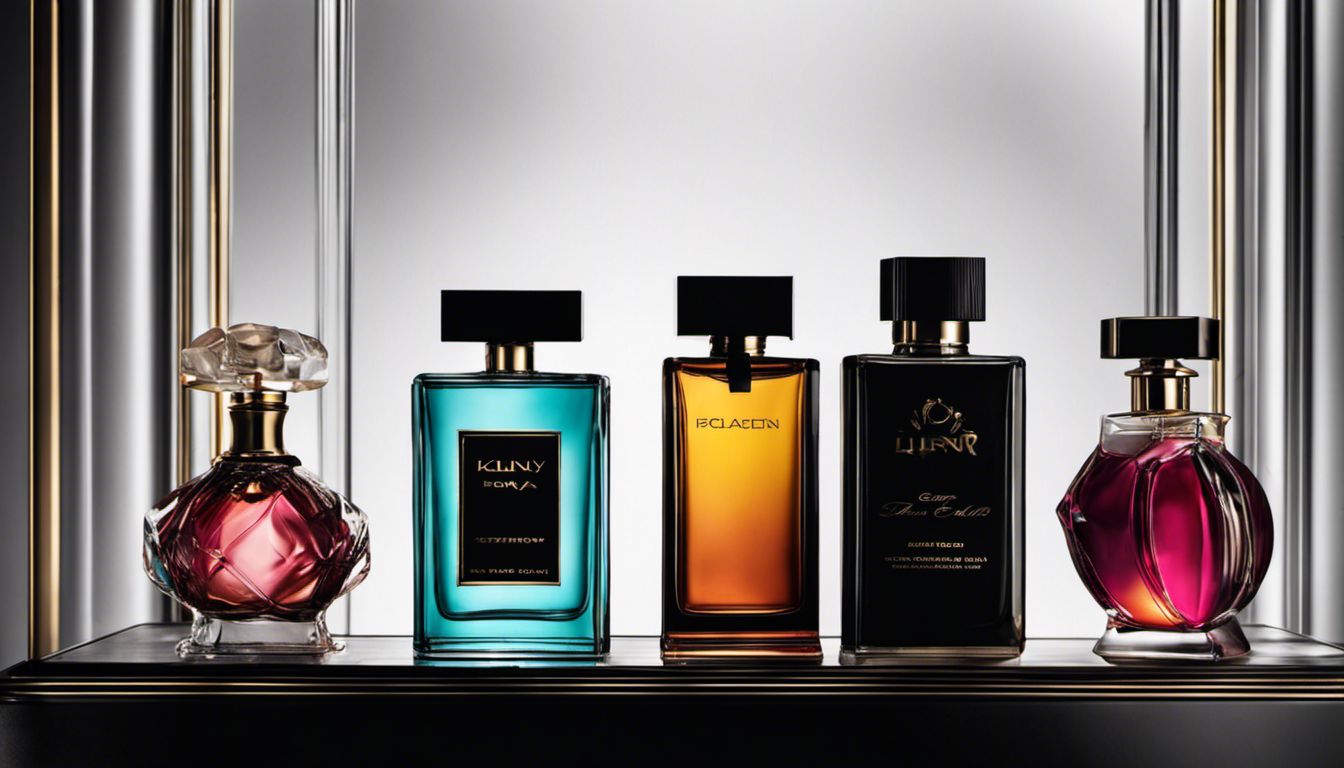 A visually stunning arrangement of colourful and intricately designed perfume bottles displayed on a sleek black shelf.