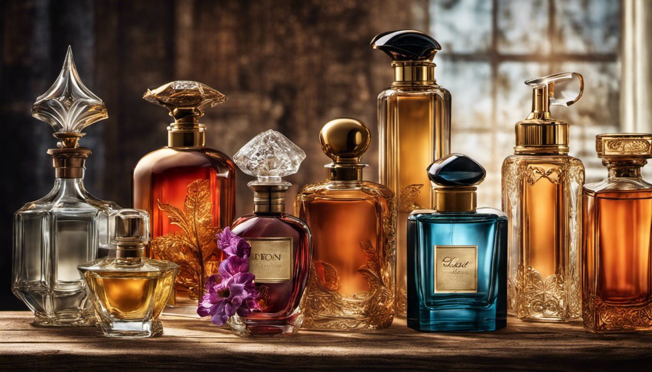 Vibrant perfume bottles on rustic shelf exude elegance and luxury.