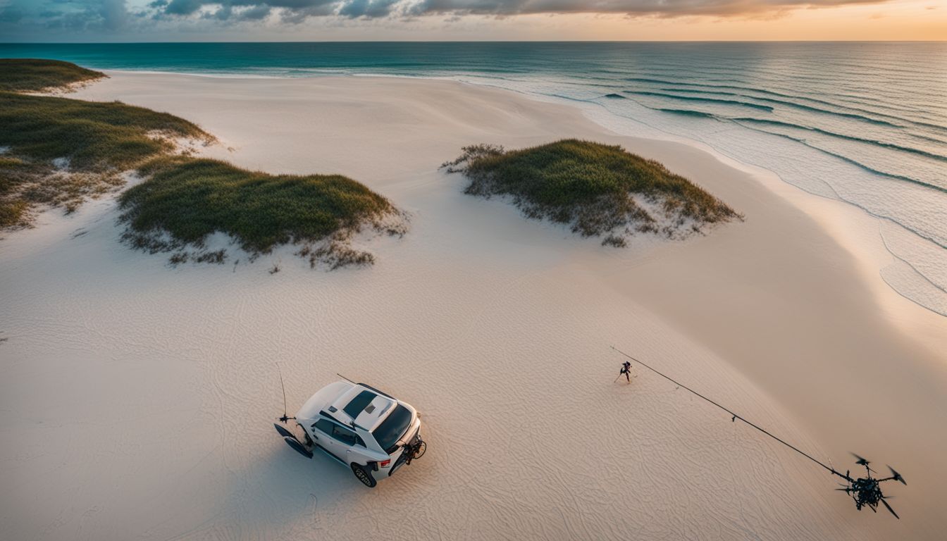 A drone captures aerial photos of a beach in Florida, showcasing a bustling atmosphere and different people enjoying various activities.