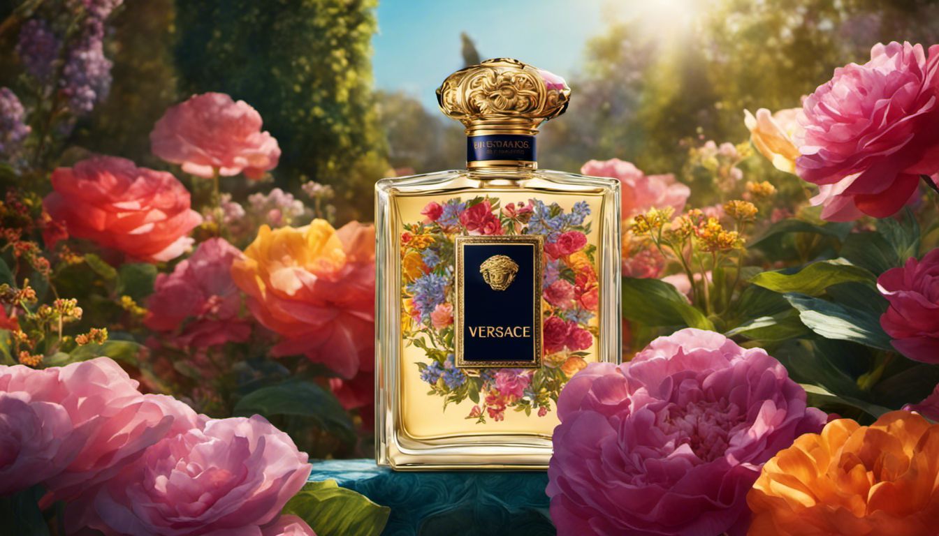 A Versace perfume bottle is surrounded by vibrant flowers, highlighting its exquisite design and delicate floral notes.