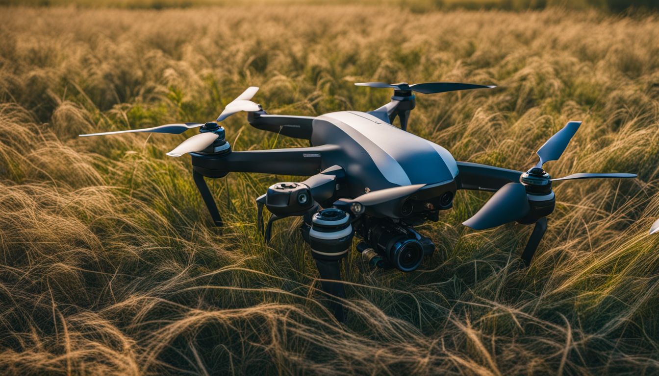 A crashed drone is seen in a field with broken propellers and a damaged camera.