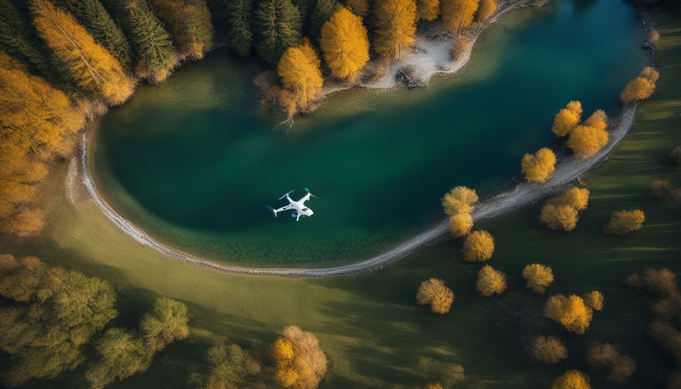 A drone captures aerial shots of a fishing boat on a picturesque lake.