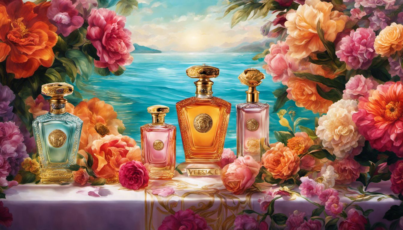 A luxurious display of Versace perfume bottles surrounded by vibrant flowers, exuding sophistication and elegance.