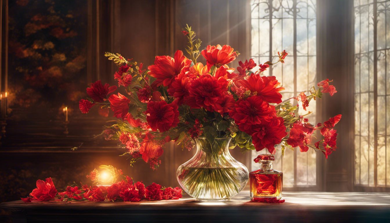 A stunning bouquet of red flowers among glass perfume bottles.