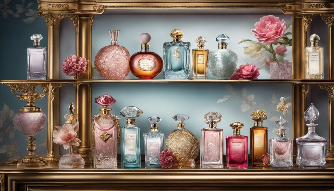 A shelf of exquisite, elegant perfume bottles showcasing renowned women's fragrances.