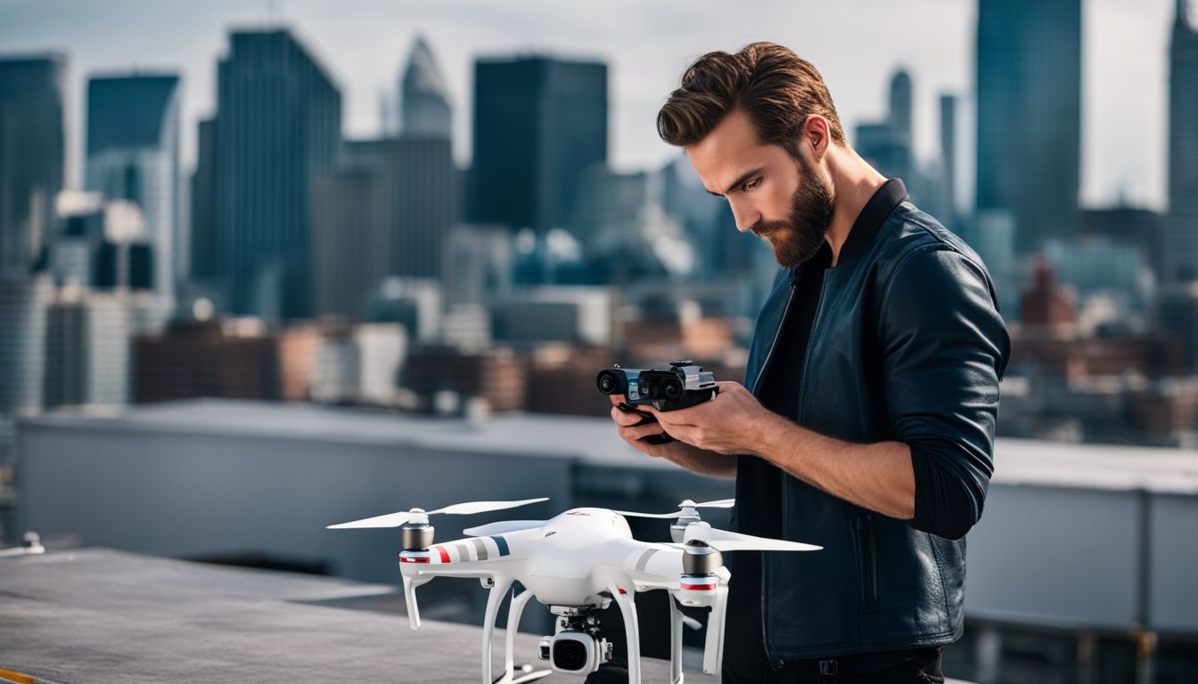 A person inspecting a drone on a helipad rooftop in a bustling cityscape with various facial features, hair styles, and outfits.