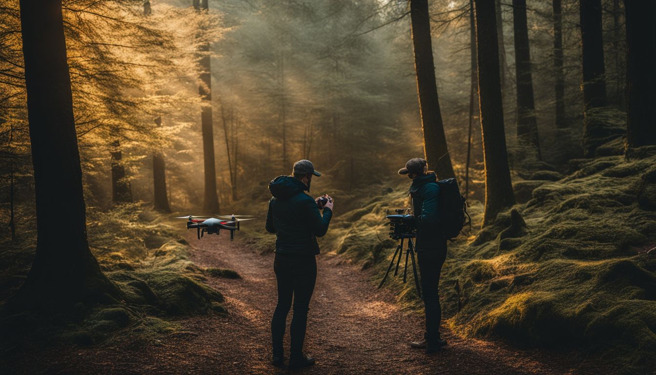 A person searches for their lost drone in a dense forest while holding a remote control.