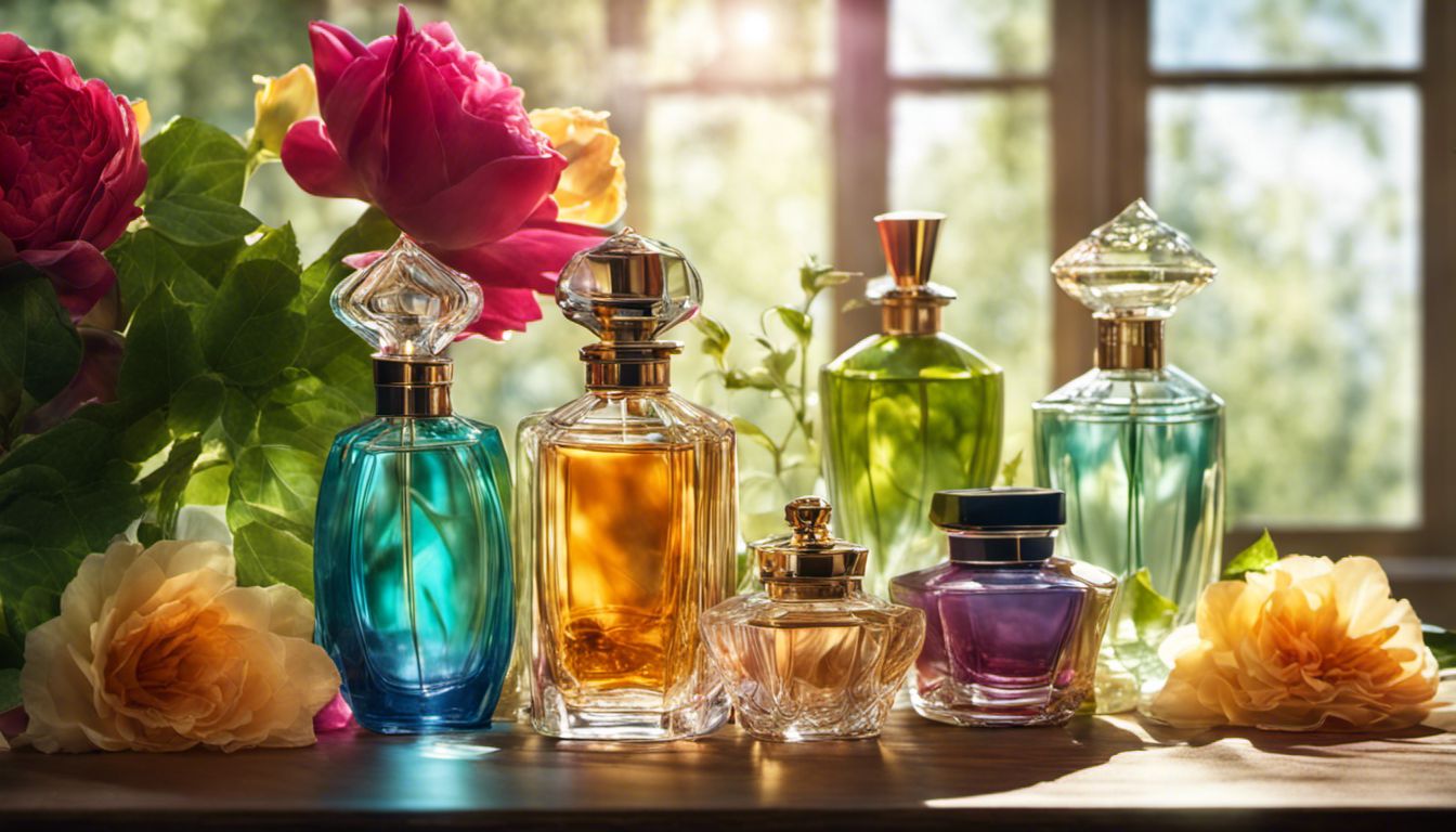 A collection of beautiful perfume bottles displayed amid a natural setting.