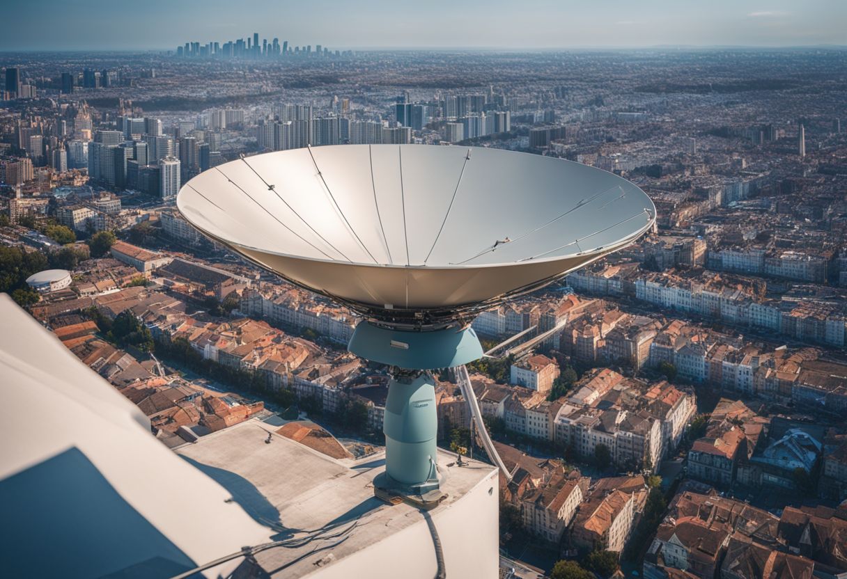 A satellite dish against a cityscape background in aerial photography.