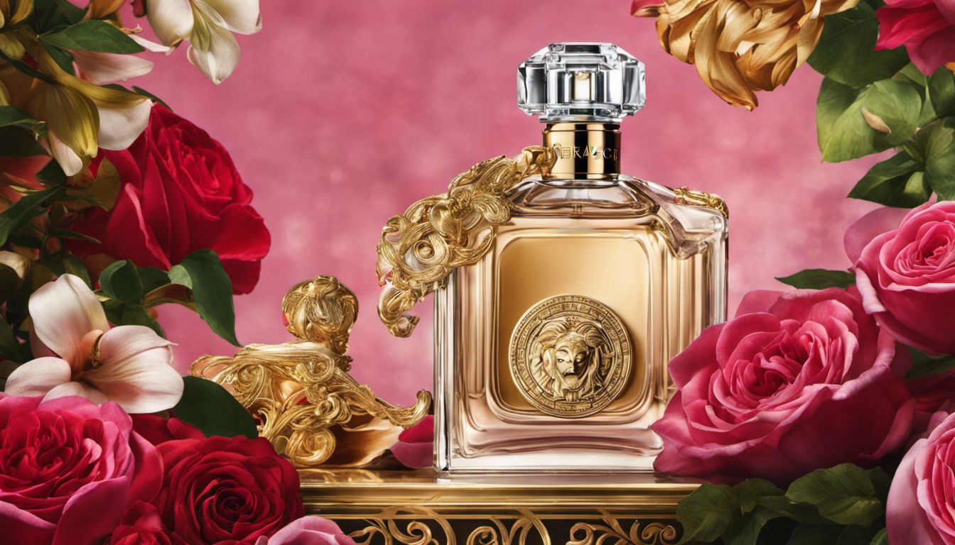 A luxurious display of Versace fragrance bottles surrounded by vibrant roses and lilies, showcasing exquisite craftsmanship.