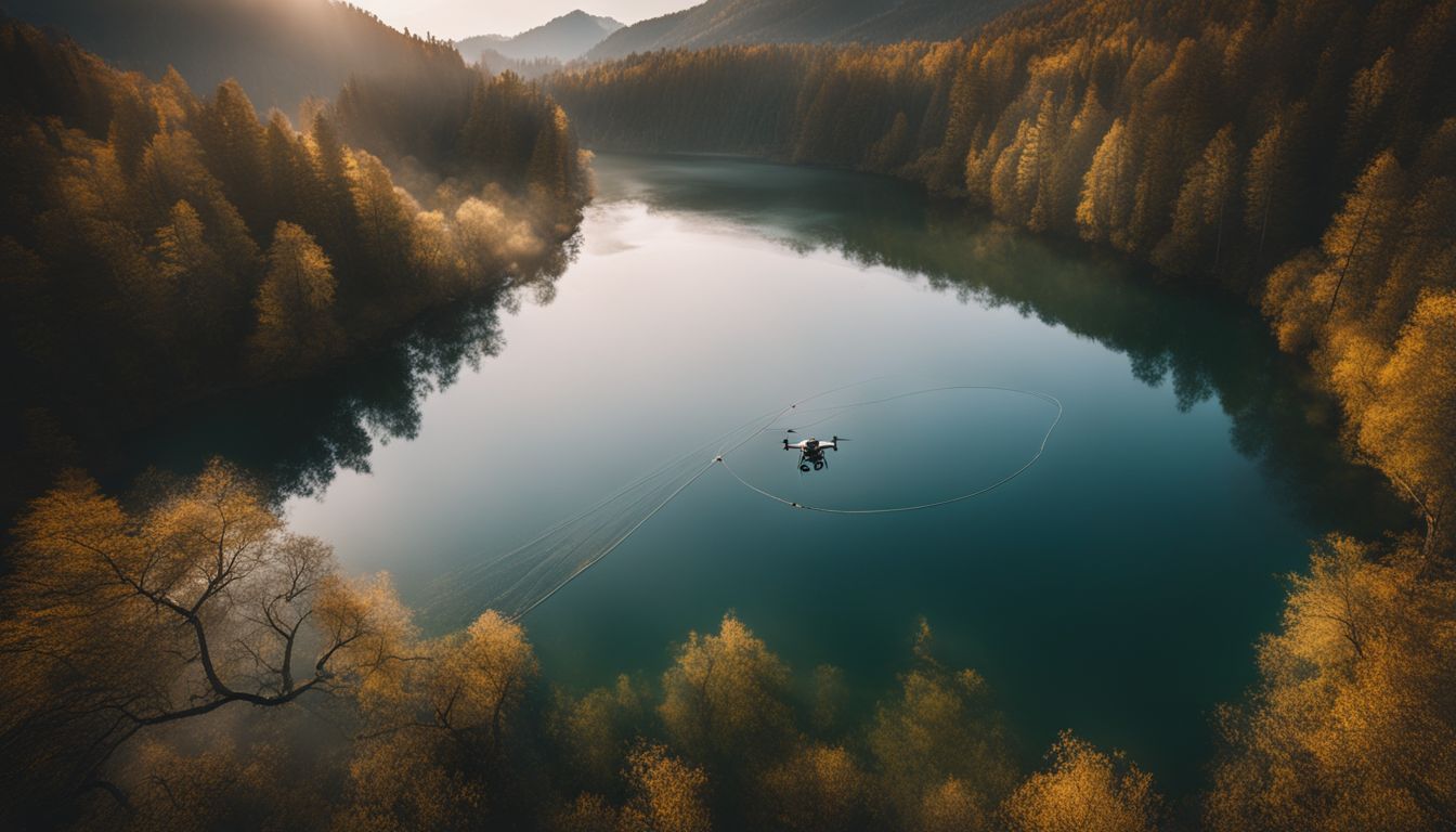 A drone captures a fisherman casting his line on a serene lake in a bustling atmosphere.
