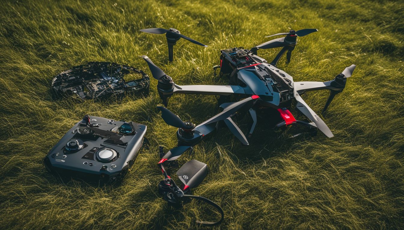 A person inspects a crashed drone in a grassy field while a bustling atmosphere surrounds them.
