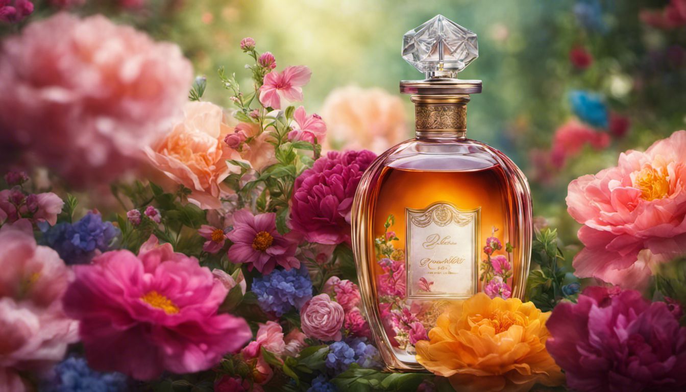 An exquisite perfume bottle enhances a vibrant floral arrangement.