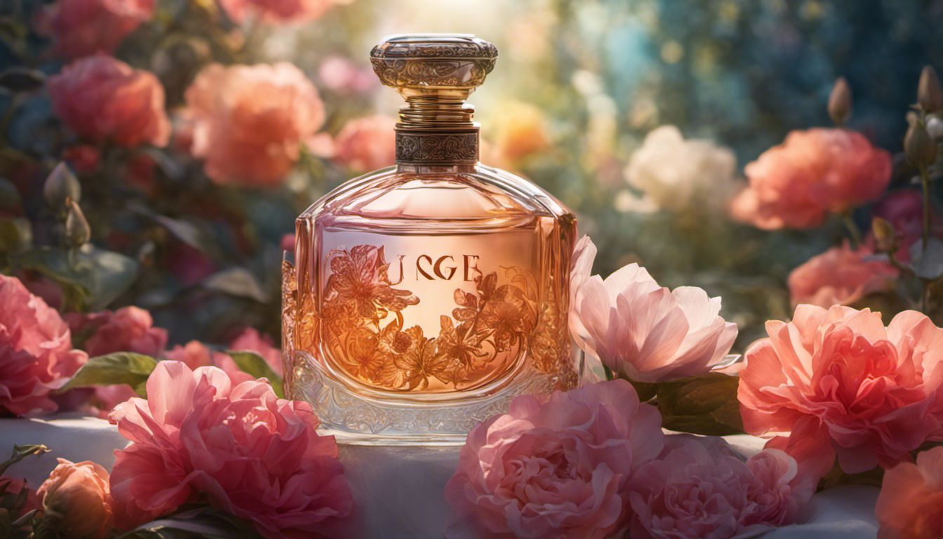 An exquisite perfume bottle surrounded by colorful flowers, illuminated by gentle sunlight.