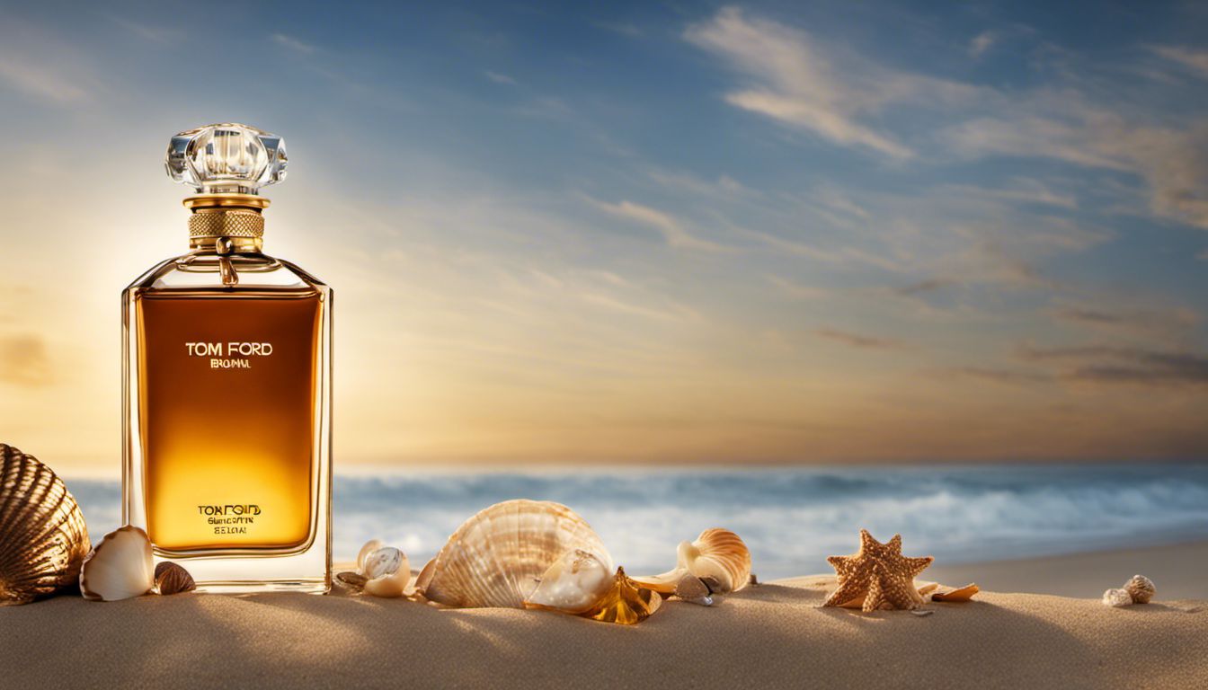 A bottle of Tom Ford Soleil Brûlant stands on a sandy beach at sunset, surrounded by seashells and driftwood, giving off a luxurious and organic vibe.