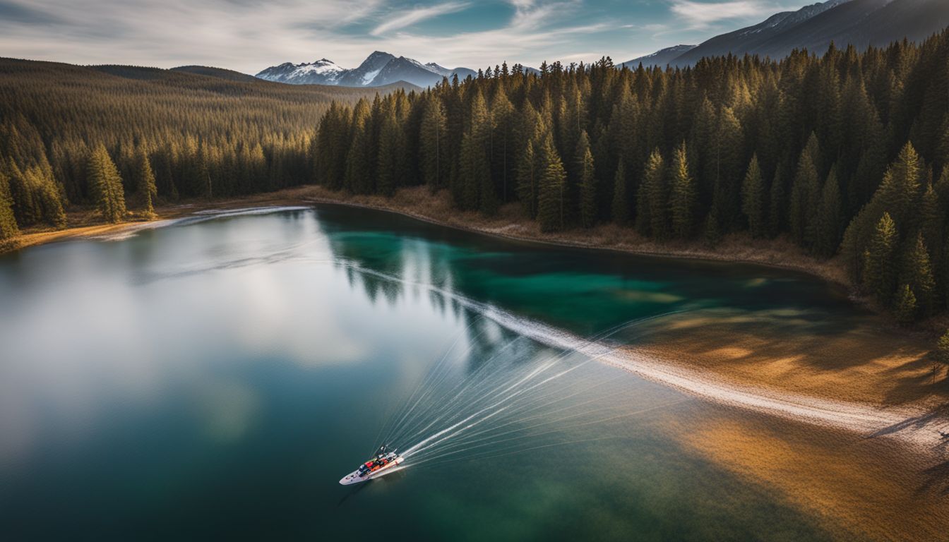 A drone captures the moment of a fishing line being cast into a picturesque lake.