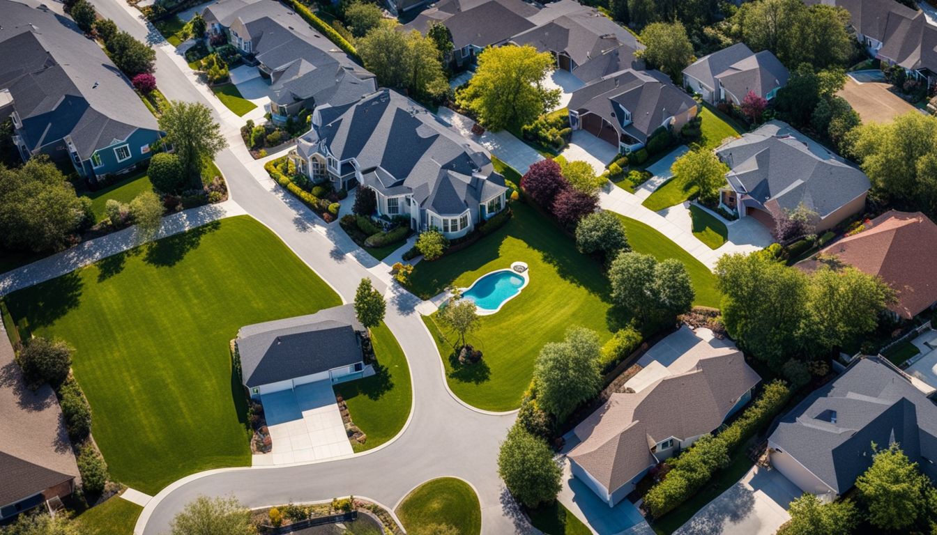 An aerial photograph of a drone flying over a suburban neighborhood with houses and a fenced backyard.