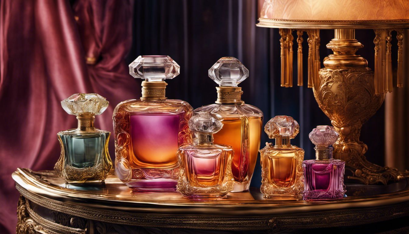A luxurious display of colourful and intricate perfume bottles on a vanity table.