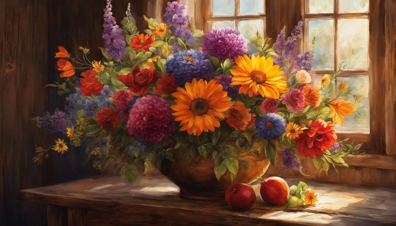A beautiful bouquet of flowers brightens a farmhouse kitchen with their varied colors and shapes.