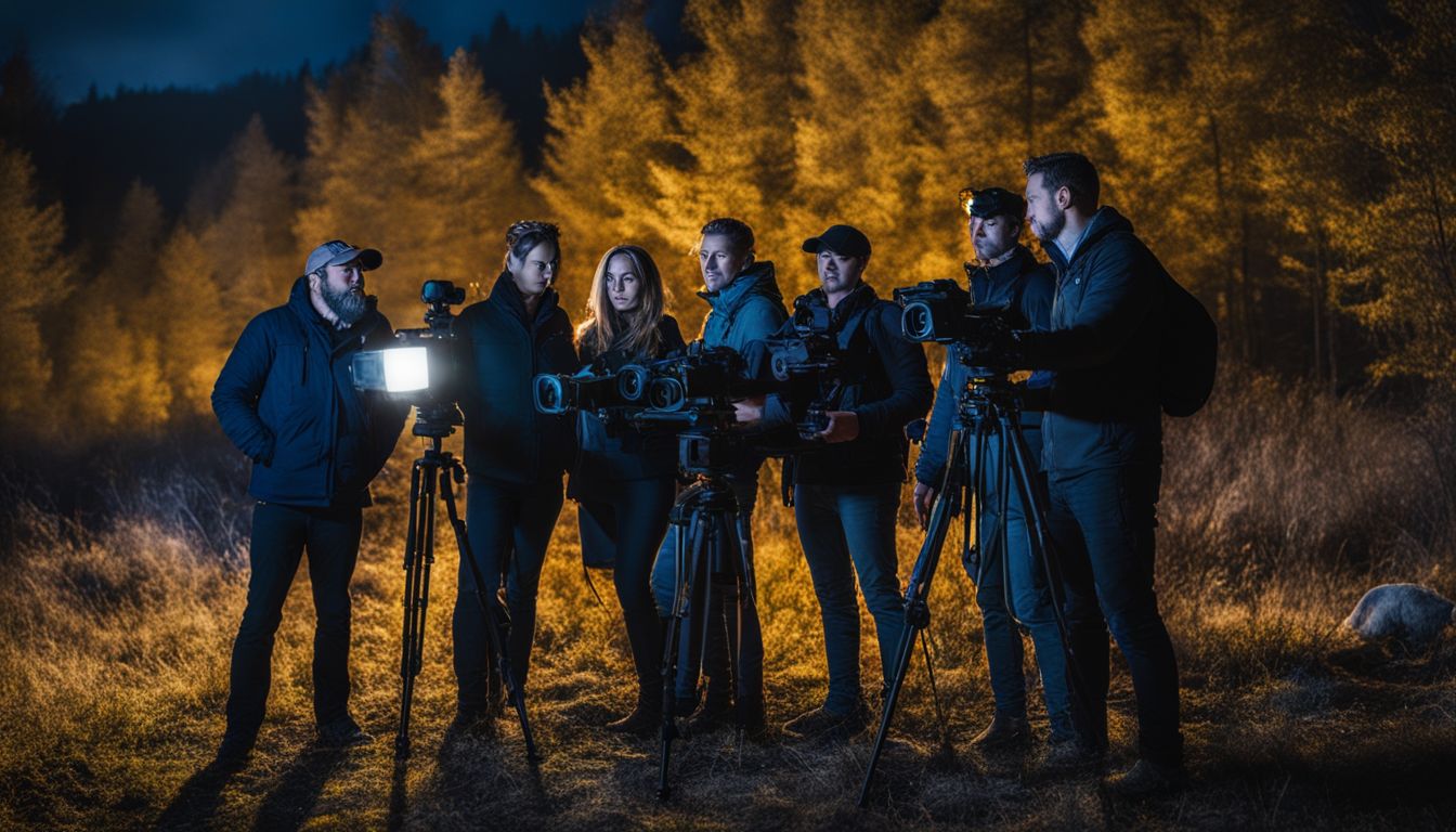 A group of people using night vision and thermal imaging equipment to detect and track drones in a dark outdoor environment for wildlife photography purposes.