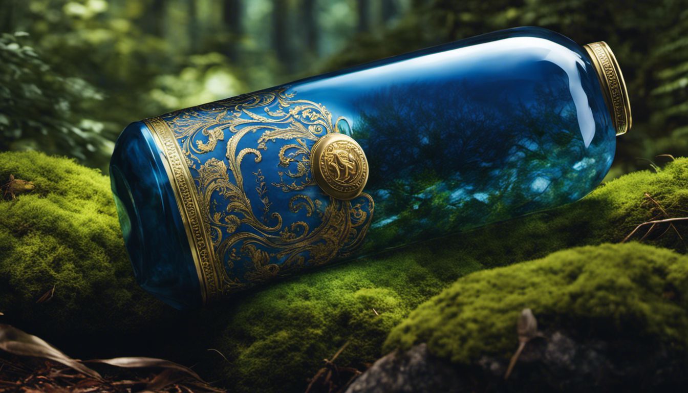 A bottle of Versace Blue Jeans in a forest, capturing the essence of nature and luxury.