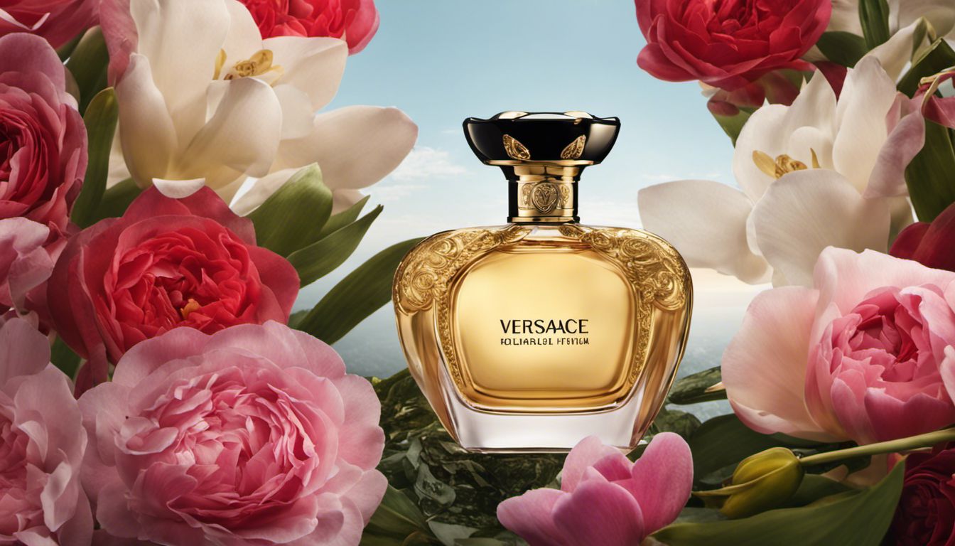 The Versace Eros Eau de Parfum is showcased in a nature-inspired setting with vibrant flowers as a stunning backdrop.
