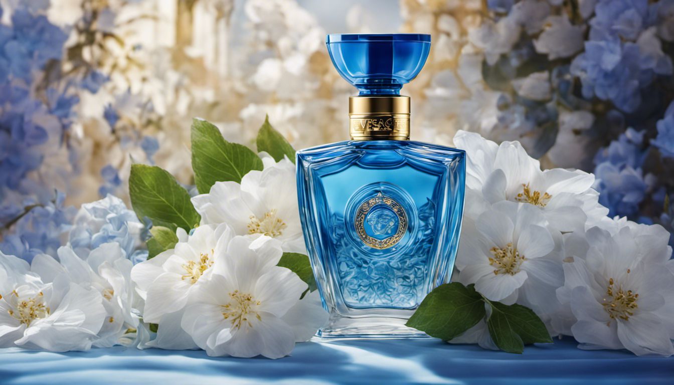 An exquisite bottle of Versace Pour Femme Dylan Blue amidst a bed of vibrant blue and white flowers.