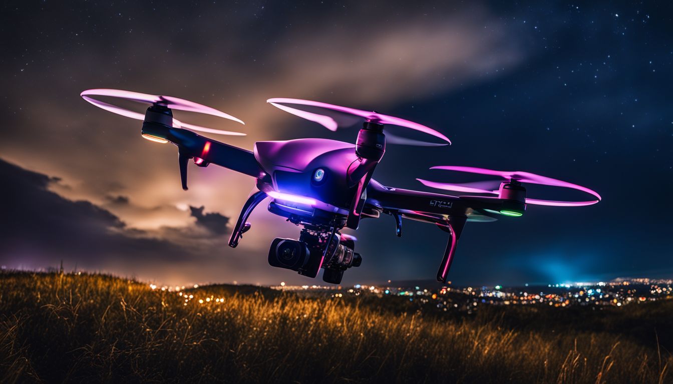 A drone captures aerial photographs of a bustling cityscape at night with LED lights illuminating its path.