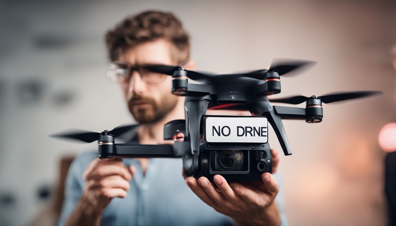 A person holds a no drone sign while looking concerned at a handheld drone.