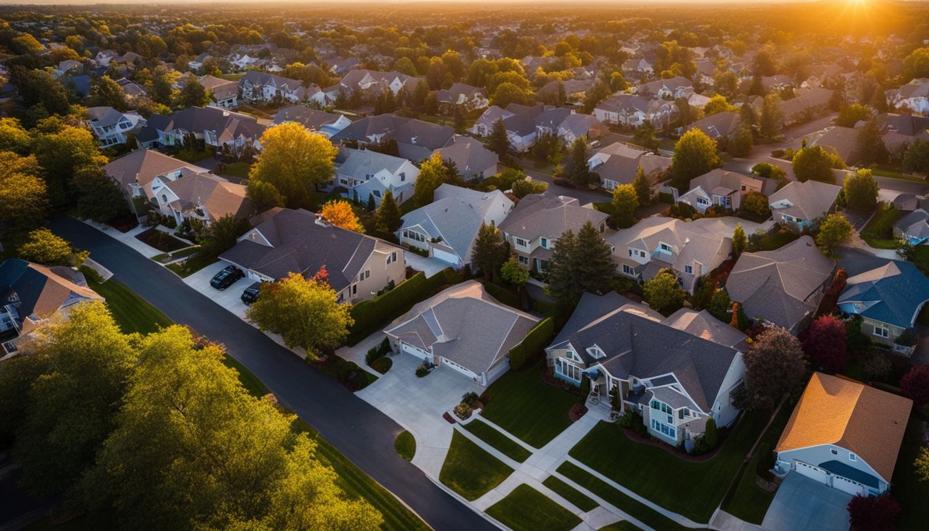 A drone captures a vibrant suburban neighborhood with a variety of people and activities.