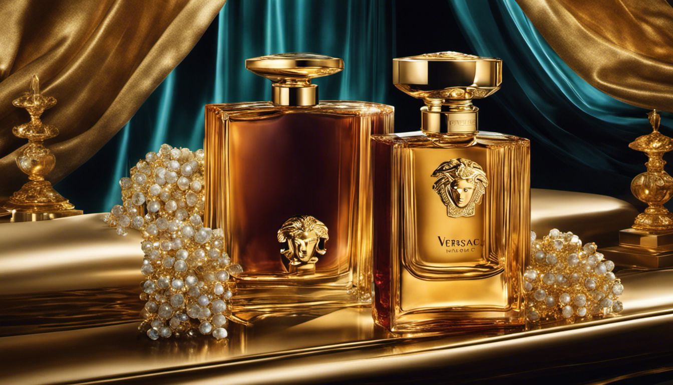 A luxurious Versace perfume bottle and gold jewelry exude opulence and sophistication in a glamorous setting.
