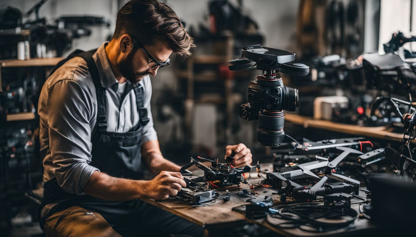 A drone repair technician is seen working on repairing a damaged drone in a professional repair shop.