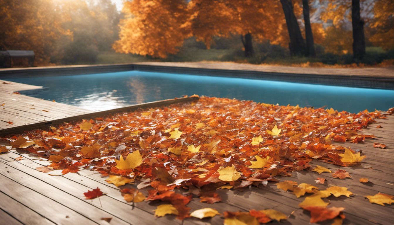 Autumnal pool cover adorned with fallen leaves and scattered debris.