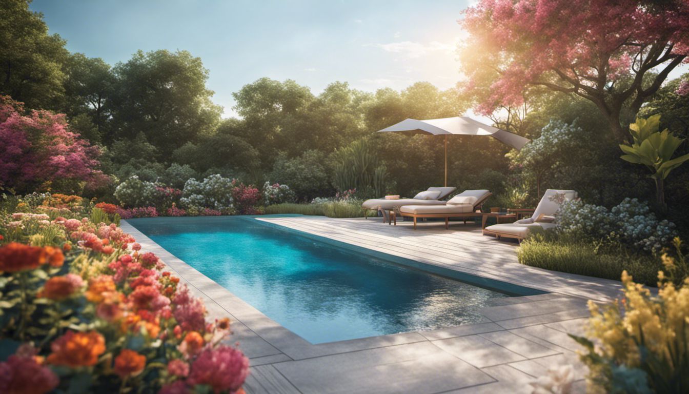 A serene pool surrounded by a lush garden in full bloom.