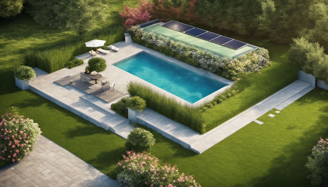 An idyllic backyard oasis with a solar-covered swimming pool and manicured surroundings.