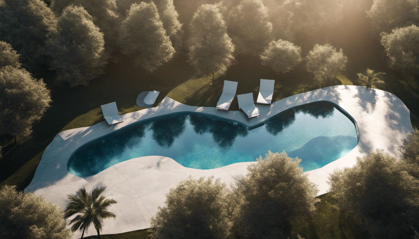 An aerial view of a sparkling swimming pool covered with a translucent and durable cover, revealing the glistening water and surrounding trees' reflections.