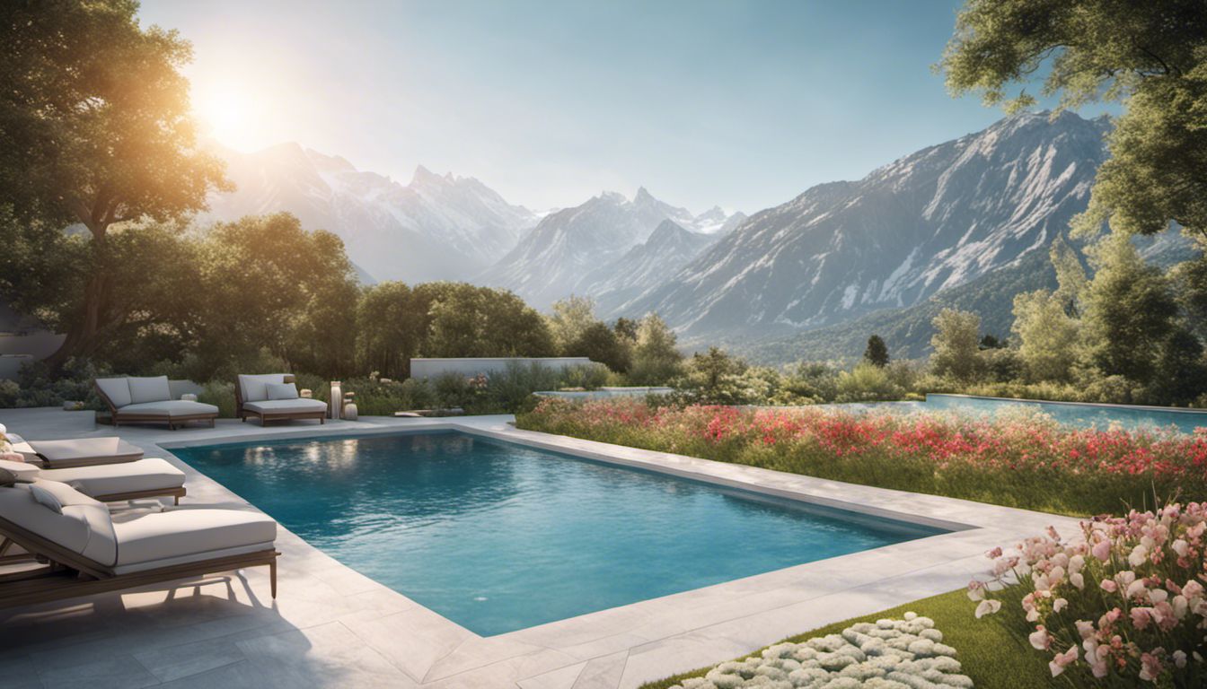 A stunning swimming pool surrounded by a lush garden and mountains.