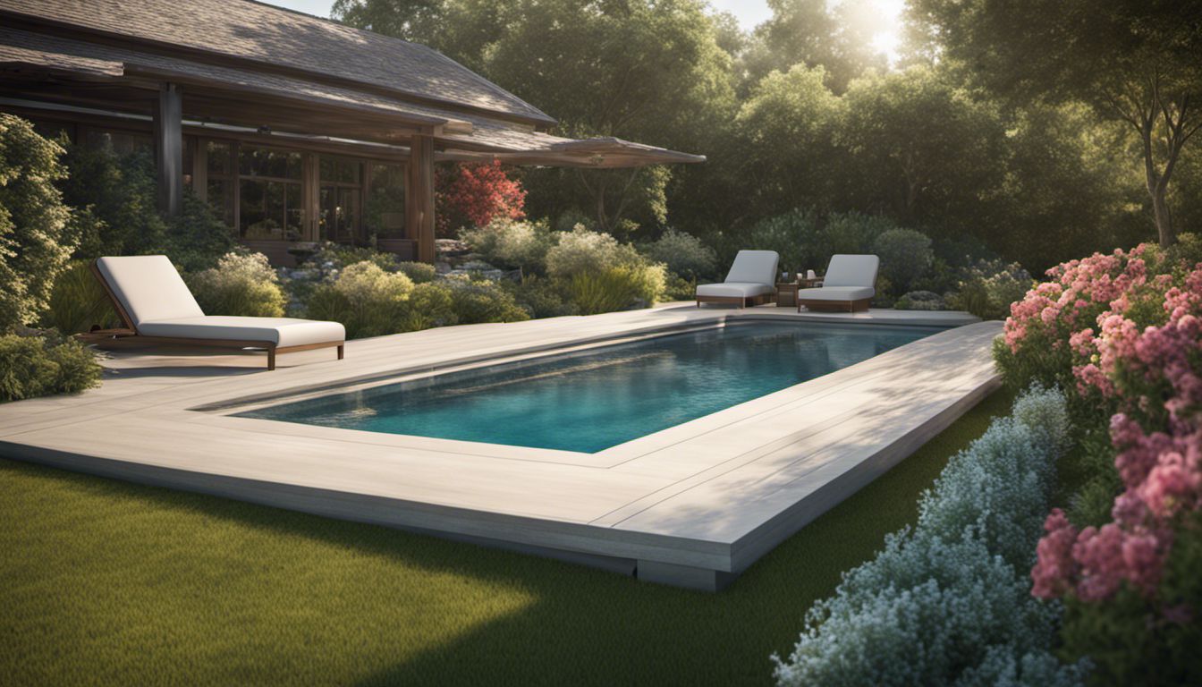 A pool cover being carefully placed and maintained in a beautiful backyard oasis.