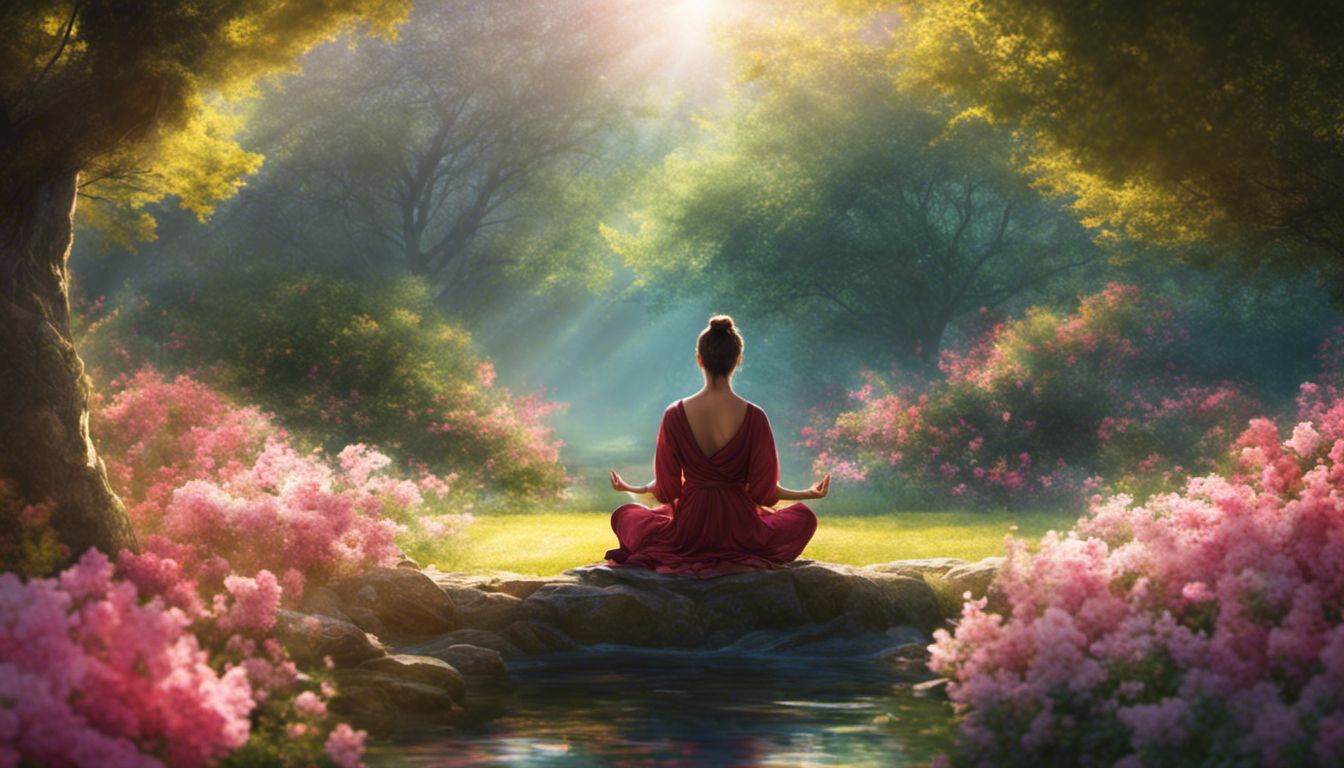 une personne méditant dans un jardin paisible, entourée de fleurs vibrantes et baignée de la lumière du soleil.