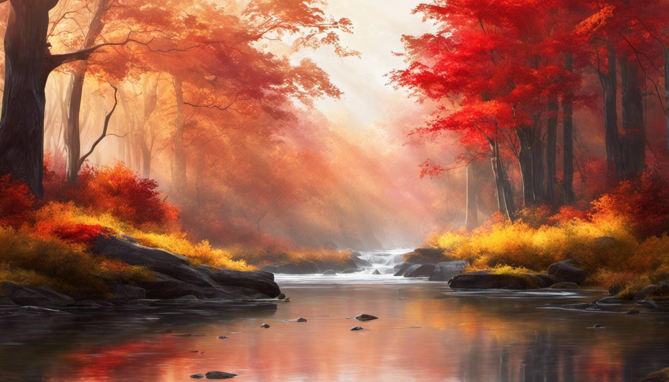 une scène de forêt paisible avec des arbres aux couleurs vives et une rivière tranquille.